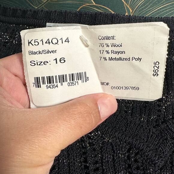 NWT St. John Metallic Wool Blend Knit V Neck Sweater Black Silver Women 16 - Picture 6 of 11